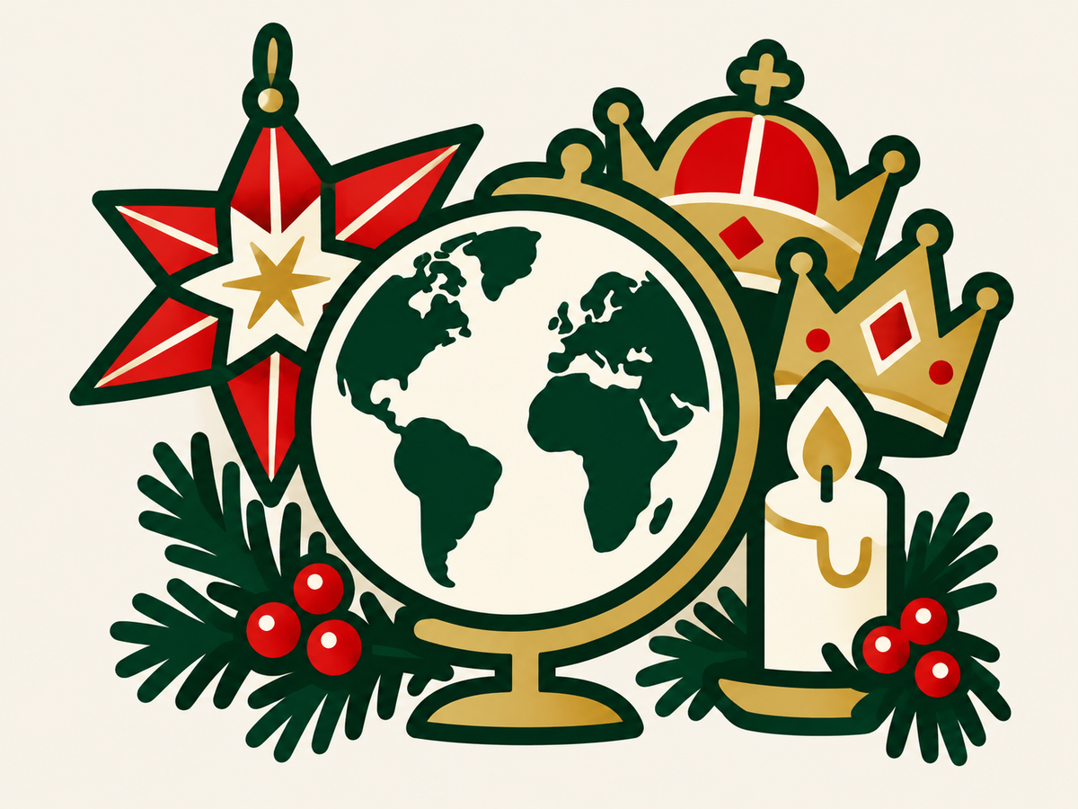Holiday Fun Christmas Around the World illustration featuring a globe, star lantern, crowns, candle and greenery