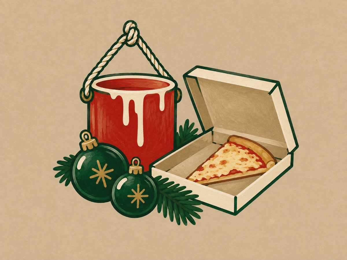 Vintage illustrated Home Alone watch party icon with paint can, pizza and Christmas ornaments