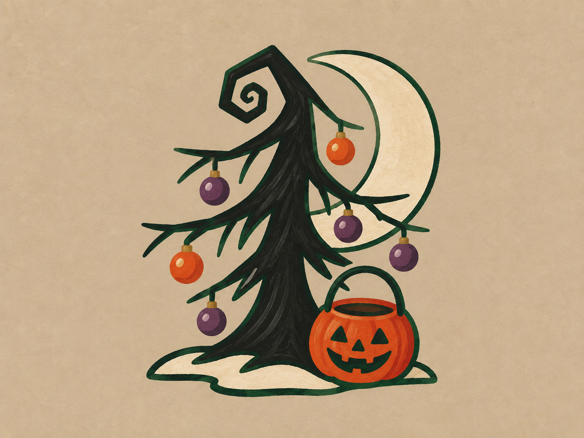 Vintage illustrated Halloween Christmas watch party icon with crooked tree, crescent moon and pumpkin bucket