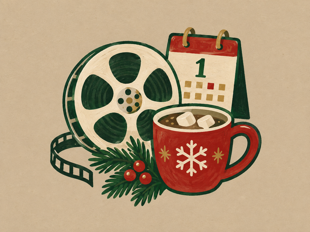 Vintage illustrated November holiday movie guide icon with film reel, calendar, cocoa and evergreen