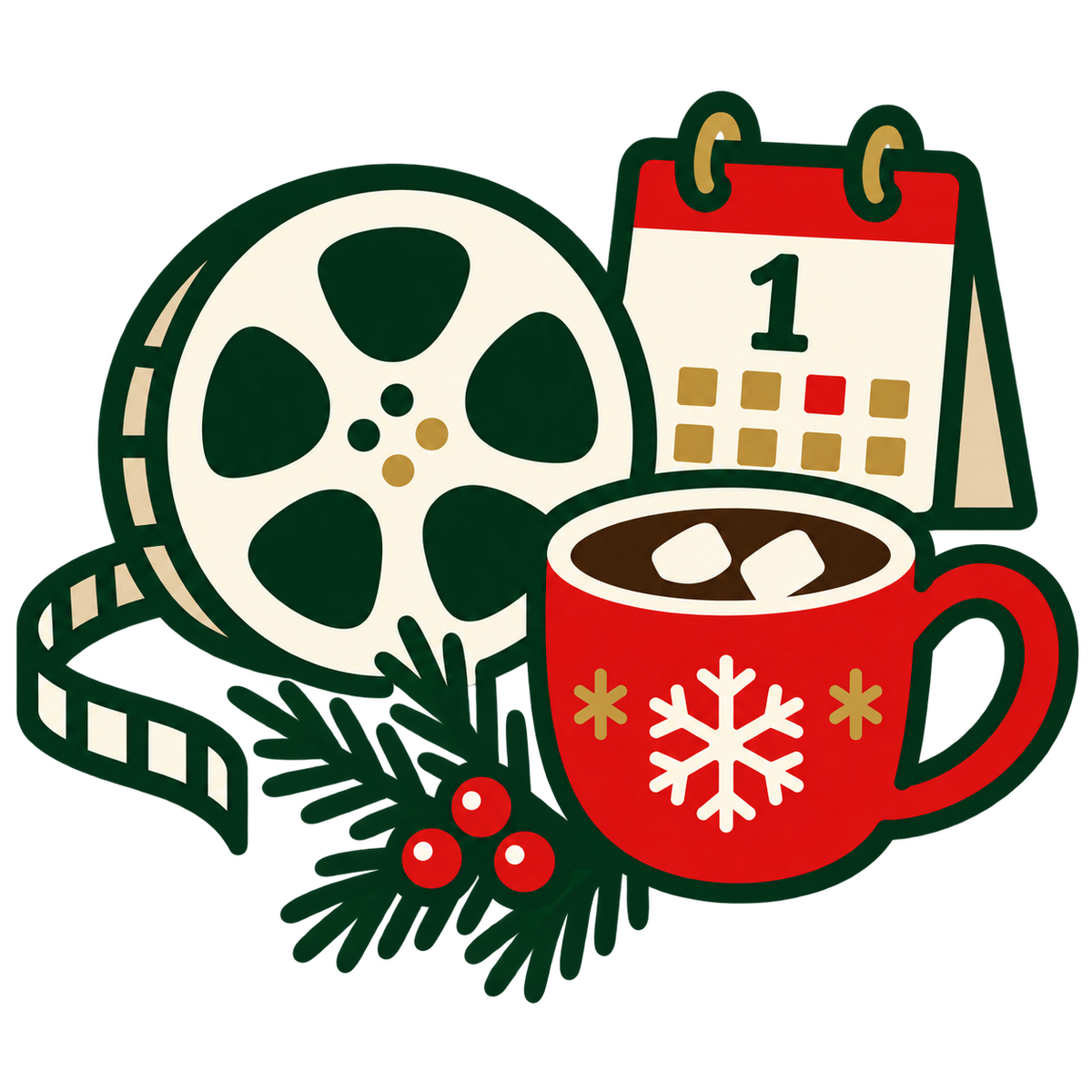 October family Halloween movie night guide with film reel, calendar and hot cocoa