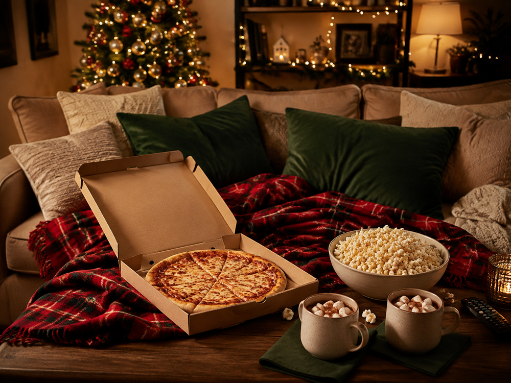 Cozy family Christmas movie night with pizza, popcorn and tartan blankets