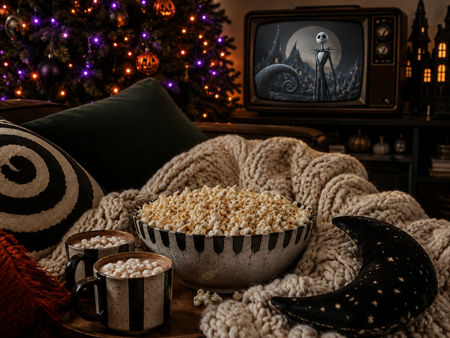 Cozy Nightmare Before Christmas movie night with popcorn and an orange and purple Halloween tree