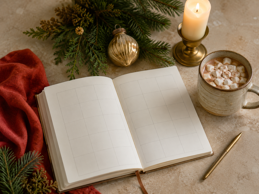 November holiday planning scene with calendar, cocoa, evergreen and candle