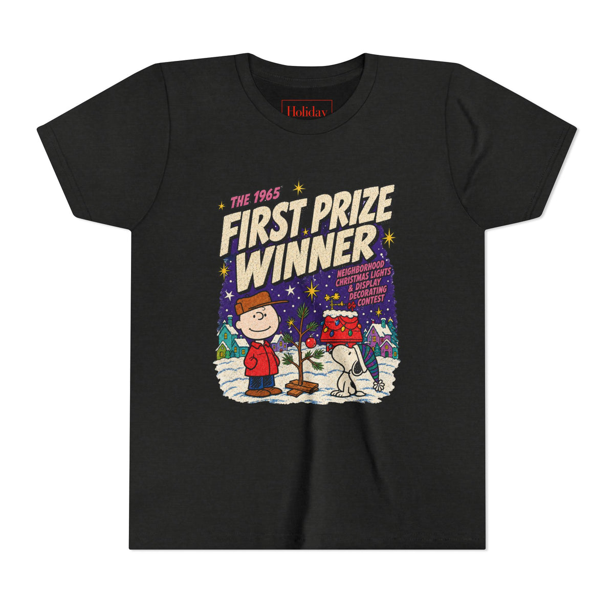 Youth Charlie Brown Christmas Light Contest Winner T Shirt, youth shirt color and fit view 3