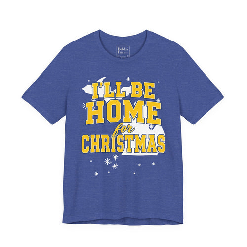 I'll Be Home for Christmas Michigan T-shirt in maize and blue with Great Lakes design