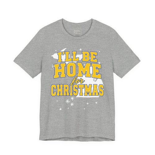 Michigan Christmas T-shirt mockup with maize and blue varsity lettering