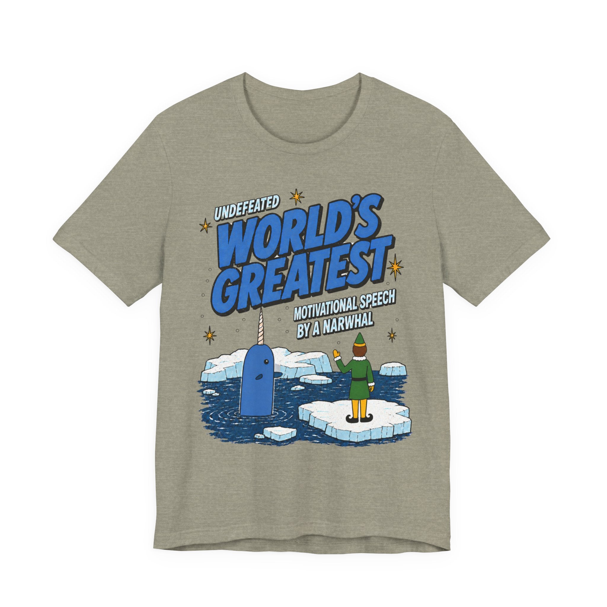 Buddy The Elf Narwhal Motivation T Shirt, shirt color and fit view 3