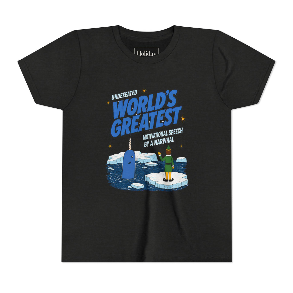 Youth Buddy The Elf Motivational Narwhal T Shirt, youth shirt color and fit view 3