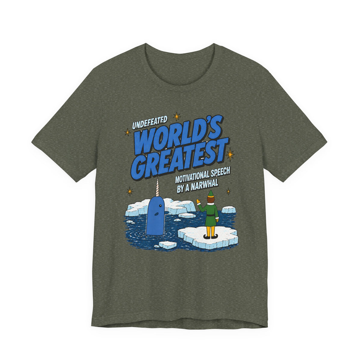 Buddy The Elf Narwhal Motivation T Shirt, shirt color and fit view 10