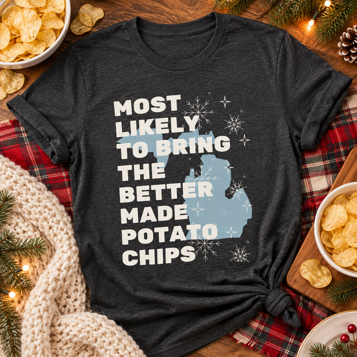 Better Made potato chips graphic T-shirt festive flat lay
