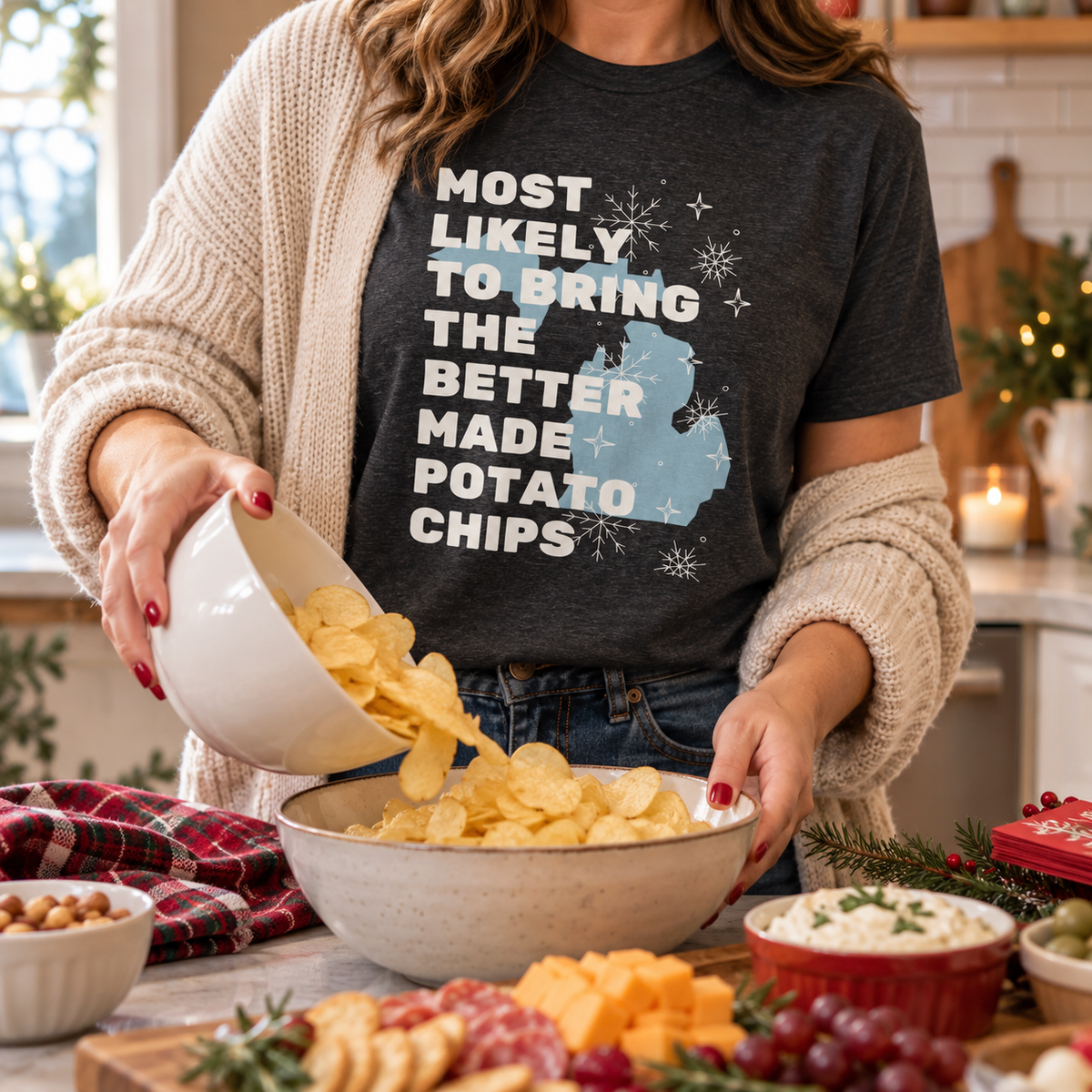 Better Made potato chips T-shirt worn while preparing holiday snacks