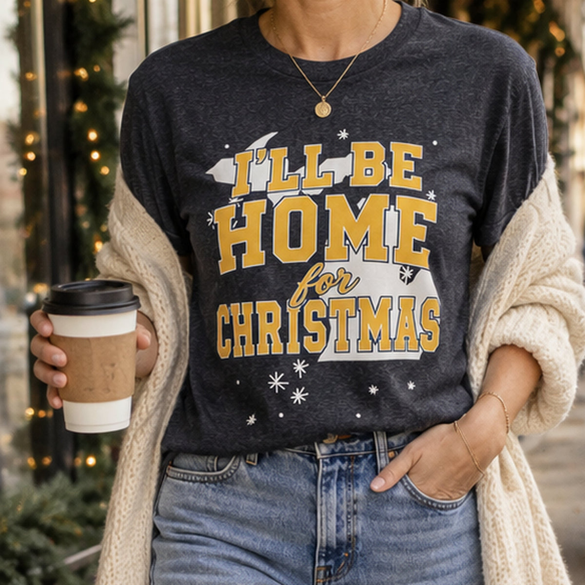 Heather Navy Michigan Christmas tee, casual coffee and jeans square lifestyle photo