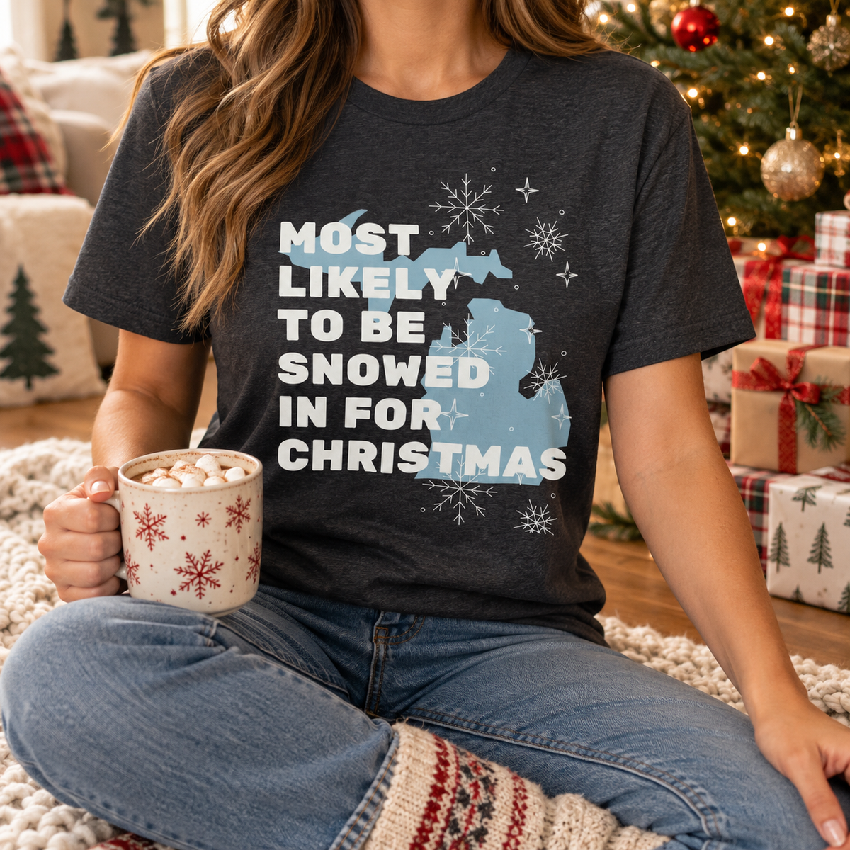 Dark Grey Heather Snowed In for Christmas tee, cozy Christmas tree lifestyle