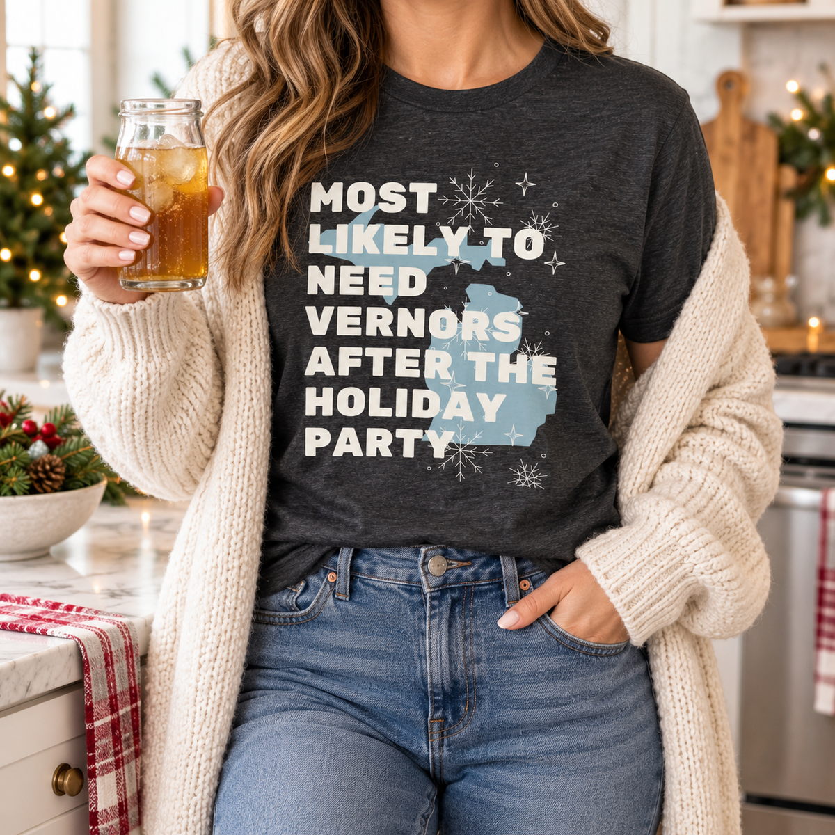 Charcoal Vernors holiday party T-shirt with unbranded ginger ale