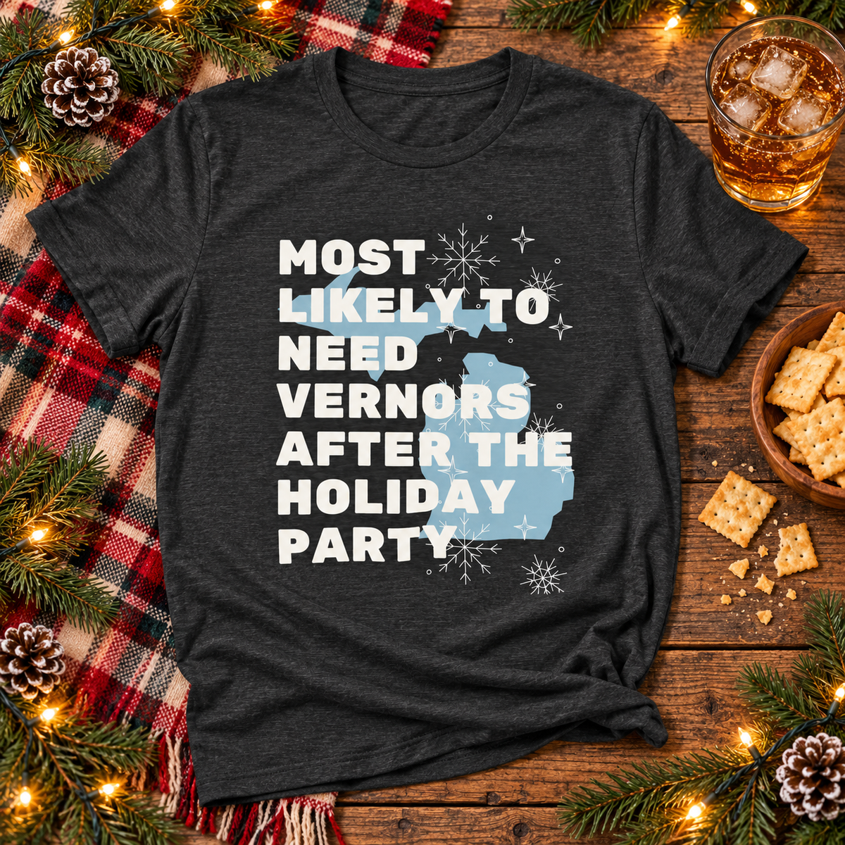 Charcoal Vernors holiday party tee festive flat lay