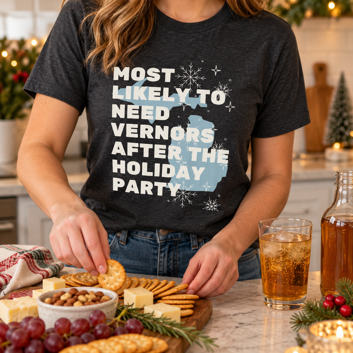 Charcoal Vernors holiday party tee preparing snacks